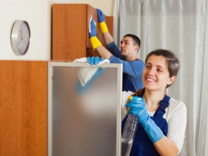 Professional cleaners team working